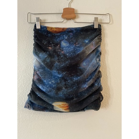Urban Outfitters UO Liza Ruched Mini Skirt XS Black Blue Galaxy Celestial Planet - Picture 6 of 13